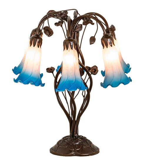 Meyda Lighting Tiffany Pond Lily 18" 6-Light Mahogany Bronze Table Lamp With Pink & Blue Shade Glass