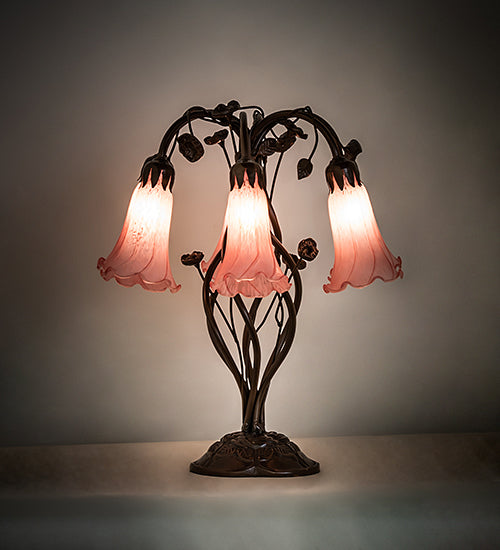 Meyda Lighting Tiffany Pond Lily 18" 6-Light Mahogany Bronze Table Lamp With Pink Shade Glass