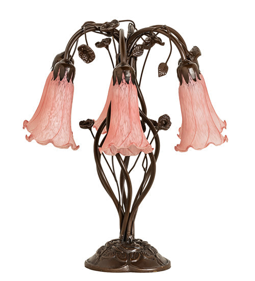 Meyda Lighting Tiffany Pond Lily 18" 6-Light Mahogany Bronze Table Lamp With Pink Shade Glass