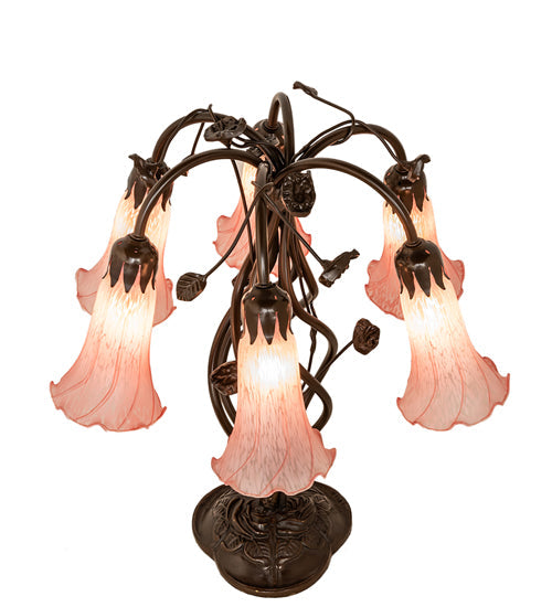 Meyda Lighting Tiffany Pond Lily 18" 6-Light Mahogany Bronze Table Lamp With Pink Shade Glass