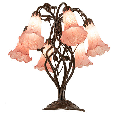 Meyda Lighting Tiffany Pond Lily 18" 6-Light Mahogany Bronze Table Lamp With Pink Shade Glass
