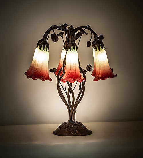 Meyda Lighting Tiffany Pond Lily 18" 6-Light Mahogany Bronze Table Lamp With Red & Green Shade Glass