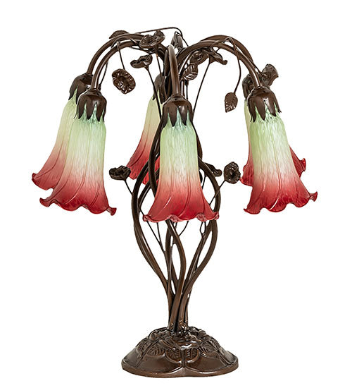 Meyda Lighting Tiffany Pond Lily 18" 6-Light Mahogany Bronze Table Lamp With Red & Green Shade Glass