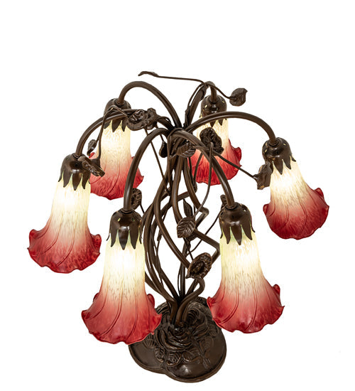 Meyda Lighting Tiffany Pond Lily 18" 6-Light Mahogany Bronze Table Lamp With Red & Green Shade Glass