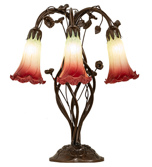 Meyda Lighting Tiffany Pond Lily 18" 6-Light Mahogany Bronze Table Lamp With Red & Green Shade Glass