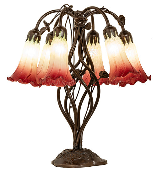 Meyda Lighting Tiffany Pond Lily 18" 6-Light Mahogany Bronze Table Lamp With Red & Green Shade Glass