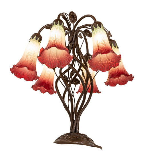 Meyda Lighting Tiffany Pond Lily 18" 6-Light Mahogany Bronze Table Lamp With Red & Green Shade Glass