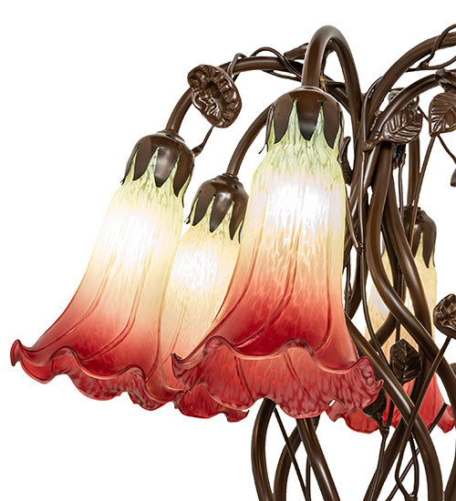 Meyda Lighting Tiffany Pond Lily 18" 6-Light Mahogany Bronze Table Lamp With Red & Green Shade Glass