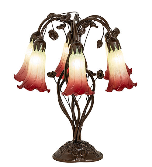 Meyda Lighting Tiffany Pond Lily 18" 6-Light Mahogany Bronze Table Lamp With Red & Green Shade Glass