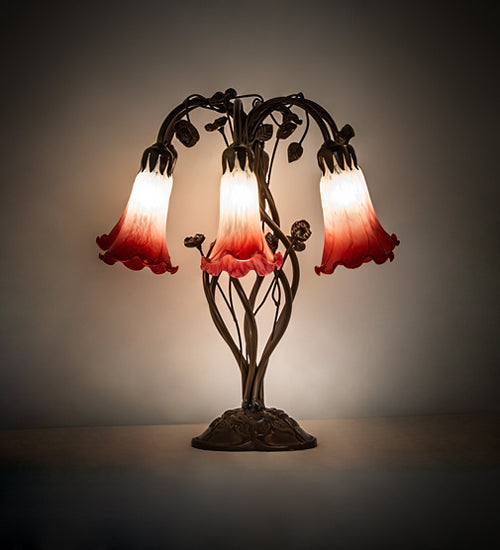 Meyda Lighting Tiffany Pond Lily 18" 6-Light Mahogany Bronze Table Lamp With Red & White Shade Glass