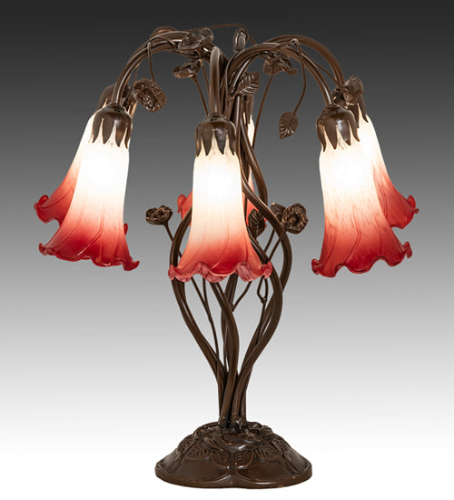 Meyda Lighting Tiffany Pond Lily 18" 6-Light Mahogany Bronze Table Lamp With Red & White Shade Glass
