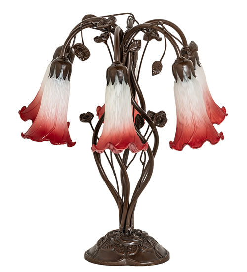 Meyda Lighting Tiffany Pond Lily 18" 6-Light Mahogany Bronze Table Lamp With Red & White Shade Glass