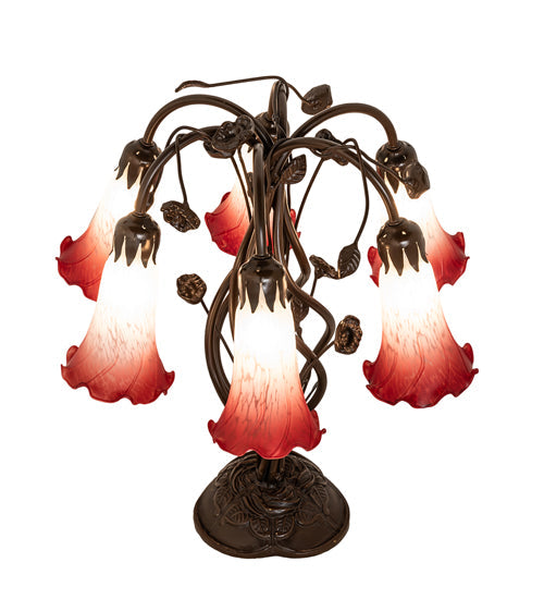 Meyda Lighting Tiffany Pond Lily 18" 6-Light Mahogany Bronze Table Lamp With Red & White Shade Glass