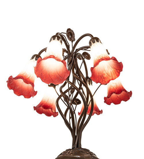 Meyda Lighting Tiffany Pond Lily 18" 6-Light Mahogany Bronze Table Lamp With Red & White Shade Glass