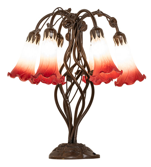 Meyda Lighting Tiffany Pond Lily 18" 6-Light Mahogany Bronze Table Lamp With Red & White Shade Glass