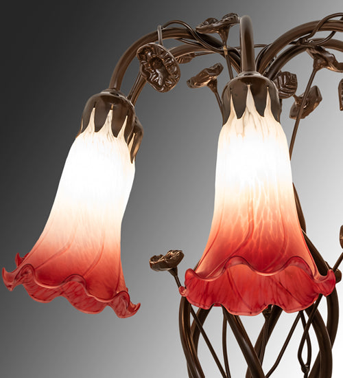 Meyda Lighting Tiffany Pond Lily 18" 6-Light Mahogany Bronze Table Lamp With Red & White Shade Glass