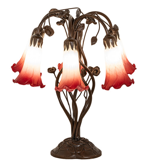 Meyda Lighting Tiffany Pond Lily 18" 6-Light Mahogany Bronze Table Lamp With Red & White Shade Glass