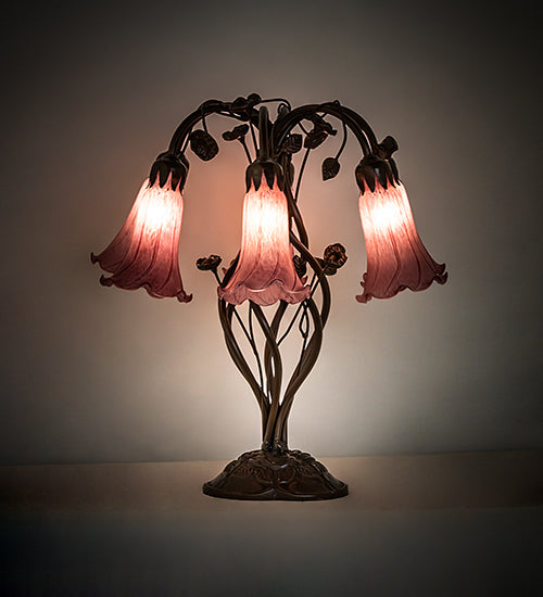 Meyda Lighting Tiffany Pond Lily 18" 6-Light Mahogany Bronze Table Lamp With Violet Shade Glass