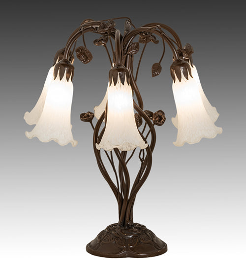 Meyda Lighting Tiffany Pond Lily 18" 6-Light Mahogany Bronze Table Lamp With White Shade Glass