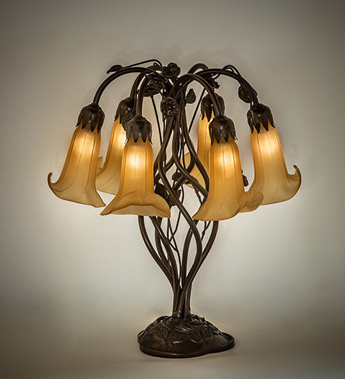 Meyda Lighting Tiffany Pond Lily 19" 6-Light Mahogany Bronze Table Lamp With Amber Favrile Shade Glass