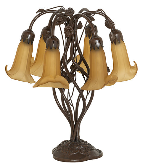 Meyda Lighting Tiffany Pond Lily 19" 6-Light Mahogany Bronze Table Lamp With Amber Favrile Shade Glass