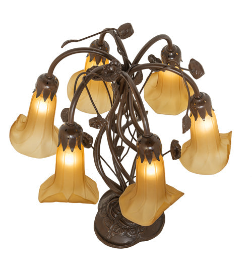 Meyda Lighting Tiffany Pond Lily 19" 6-Light Mahogany Bronze Table Lamp With Amber Favrile Shade Glass