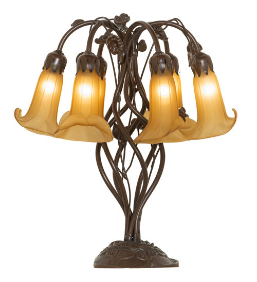 Meyda Lighting Tiffany Pond Lily 19" 6-Light Mahogany Bronze Table Lamp With Amber Favrile Shade Glass