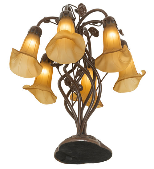 Meyda Lighting Tiffany Pond Lily 19" 6-Light Mahogany Bronze Table Lamp With Amber Favrile Shade Glass