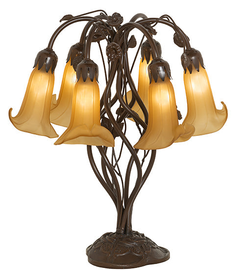 Meyda Lighting Tiffany Pond Lily 19" 6-Light Mahogany Bronze Table Lamp With Amber Favrile Shade Glass