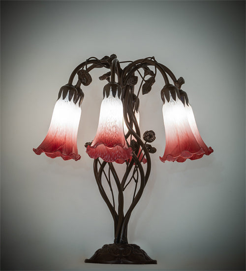 Meyda Lighting Tiffany Pond Lily 19" 6-Light Mahogany Bronze Table Lamp With Pink & White Shade Glass