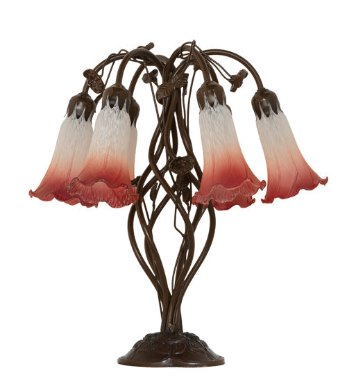 Meyda Lighting Tiffany Pond Lily 19" 6-Light Mahogany Bronze Table Lamp With Pink & White Shade Glass