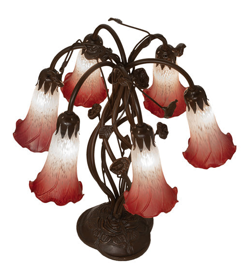 Meyda Lighting Tiffany Pond Lily 19" 6-Light Mahogany Bronze Table Lamp With Pink & White Shade Glass