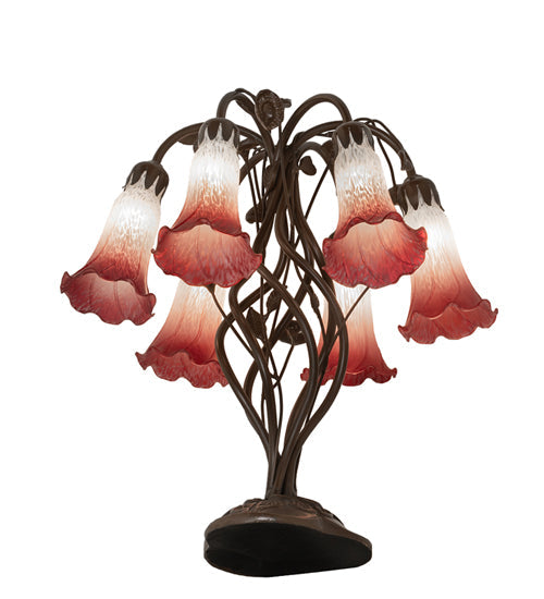 Meyda Lighting Tiffany Pond Lily 19" 6-Light Mahogany Bronze Table Lamp With Pink & White Shade Glass