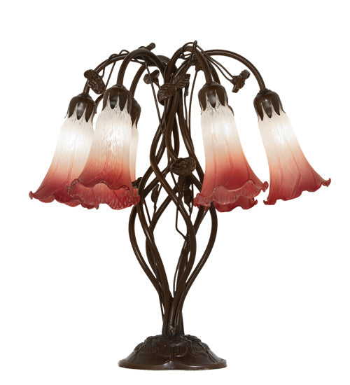 Meyda Lighting Tiffany Pond Lily 19" 6-Light Mahogany Bronze Table Lamp With Pink & White Shade Glass