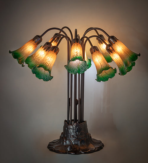 Meyda Lighting Tiffany Pond Lily 22" 10-Light Mahogany Bronze Table Lamp With Amber and Green Shade Glass