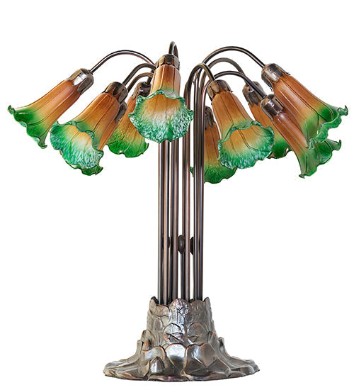 Meyda Lighting Tiffany Pond Lily 22" 10-Light Mahogany Bronze Table Lamp With Amber and Green Shade Glass