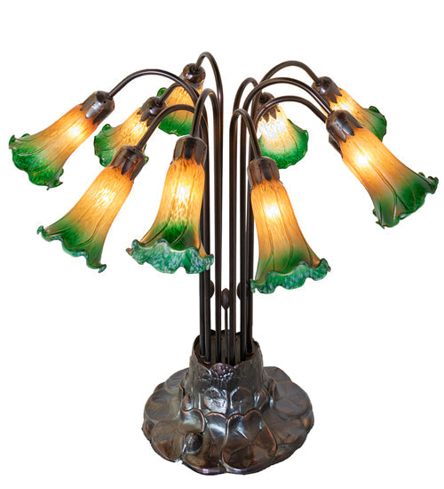 Meyda Lighting Tiffany Pond Lily 22" 10-Light Mahogany Bronze Table Lamp With Amber and Green Shade Glass