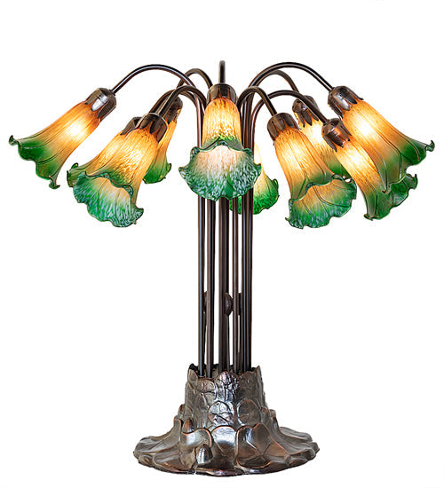 Meyda Lighting Tiffany Pond Lily 22" 10-Light Mahogany Bronze Table Lamp With Amber and Green Shade Glass