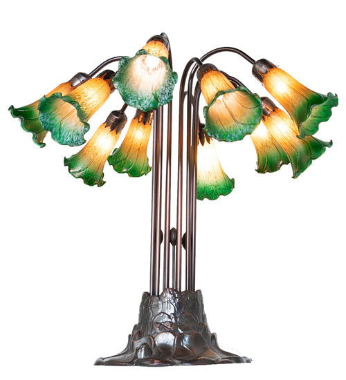 Meyda Lighting Tiffany Pond Lily 22" 10-Light Mahogany Bronze Table Lamp With Amber and Green Shade Glass