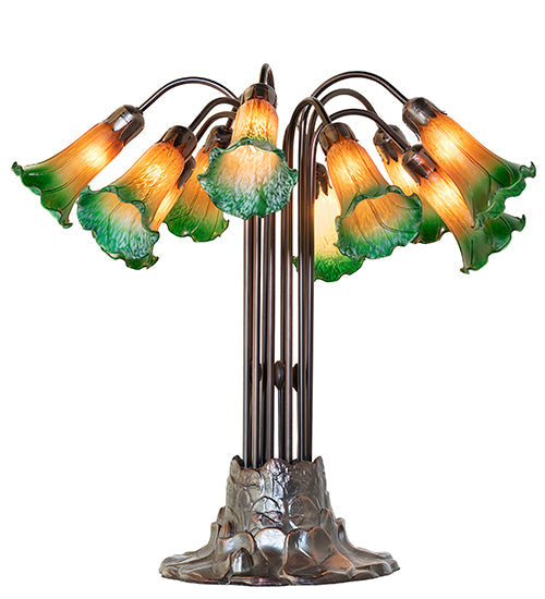Meyda Lighting Tiffany Pond Lily 22" 10-Light Mahogany Bronze Table Lamp With Amber and Green Shade Glass