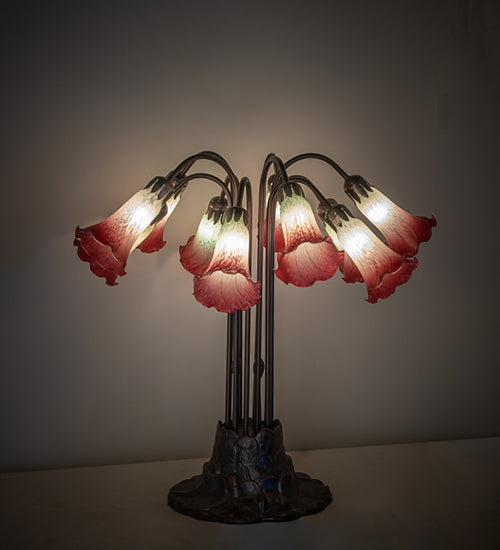 Meyda Lighting Tiffany Pond Lily 24" 10-Light Mahogany Bronze Table Lamp With Cranberry & Light Green Shade Glass