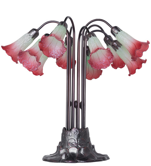 Meyda Lighting Tiffany Pond Lily 24" 10-Light Mahogany Bronze Table Lamp With Cranberry & Light Green Shade Glass