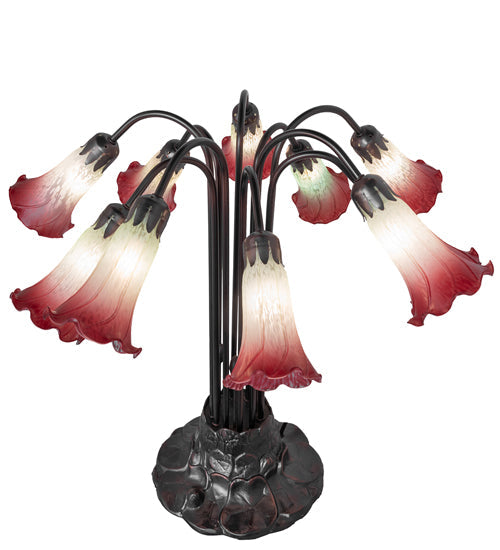 Meyda Lighting Tiffany Pond Lily 24" 10-Light Mahogany Bronze Table Lamp With Cranberry & Light Green Shade Glass