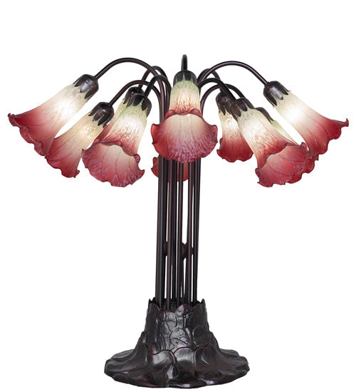 Meyda Lighting Tiffany Pond Lily 24" 10-Light Mahogany Bronze Table Lamp With Cranberry & Light Green Shade Glass