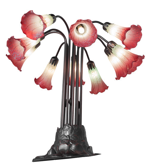 Meyda Lighting Tiffany Pond Lily 24" 10-Light Mahogany Bronze Table Lamp With Cranberry & Light Green Shade Glass