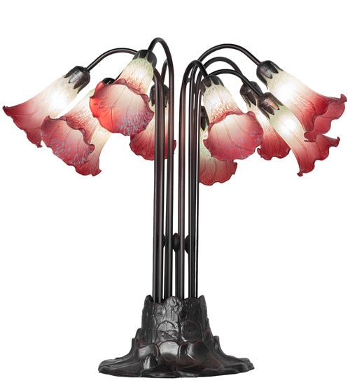 Meyda Lighting Tiffany Pond Lily 24" 10-Light Mahogany Bronze Table Lamp With Cranberry & Light Green Shade Glass