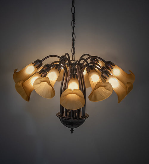 Meyda Lighting Tiffany Pond Lily 24" 12-Light Mahogany Bronze Chandelier With Amber Favrile Shade Glass