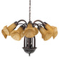Meyda Lighting Tiffany Pond Lily 24" 12-Light Mahogany Bronze Chandelier With Amber Favrile Shade Glass