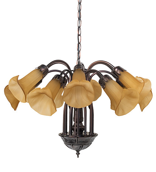Meyda Lighting Tiffany Pond Lily 24" 12-Light Mahogany Bronze Chandelier With Amber Favrile Shade Glass