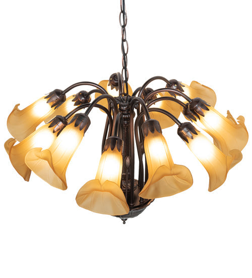 Meyda Lighting Tiffany Pond Lily 24" 12-Light Mahogany Bronze Chandelier With Amber Favrile Shade Glass